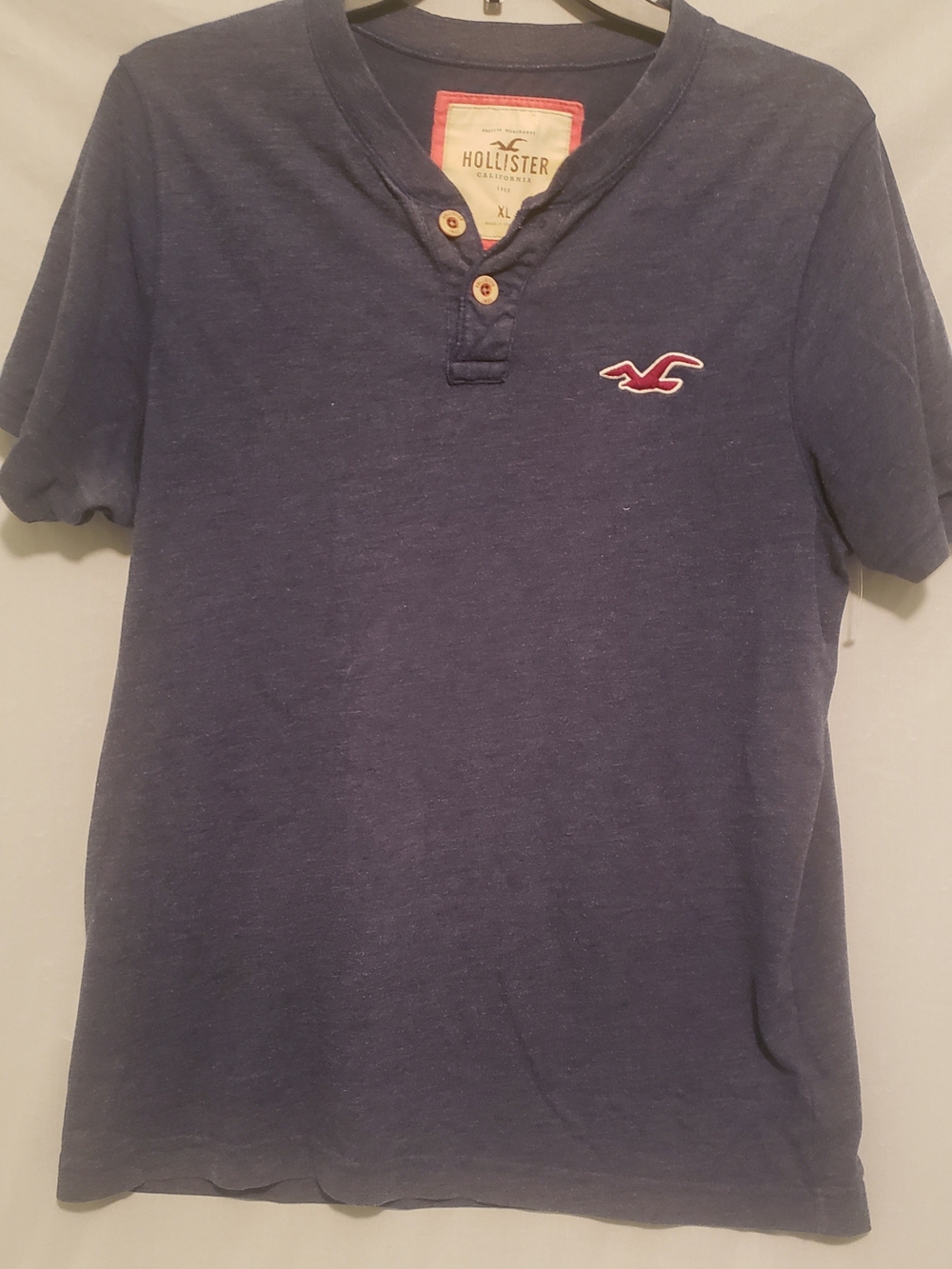 Hollister Navy Short Sleeve Henley Tee with Red Logo